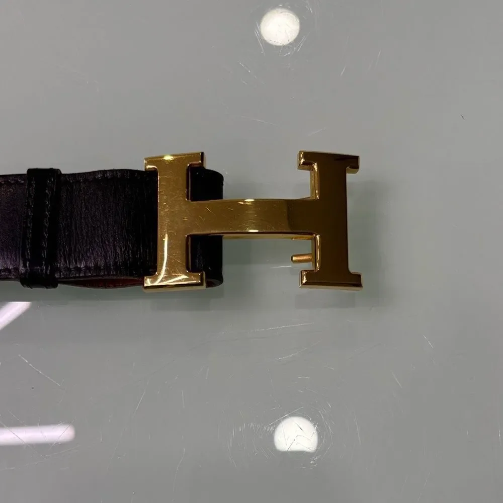 Hermes Black Leather Belt with Gold H Buckle